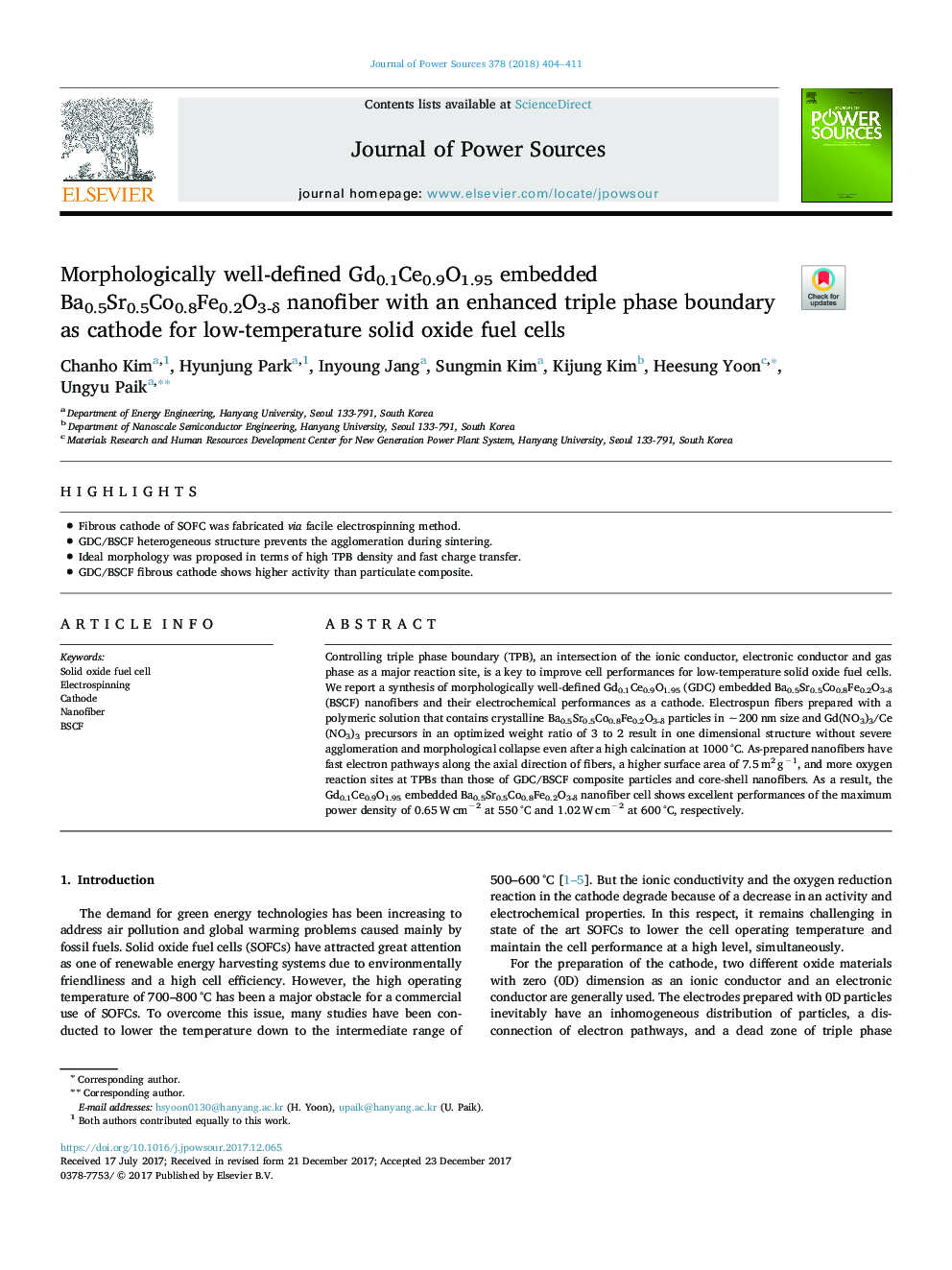 Morphologically well-defined Gd0.1Ce0.9O1.95 embedded Ba0.5Sr0.5Co0.8Fe0.2O3-Î´ nanofiber with an enhanced triple phase boundary as cathode for low-temperature solid oxide fuel cells