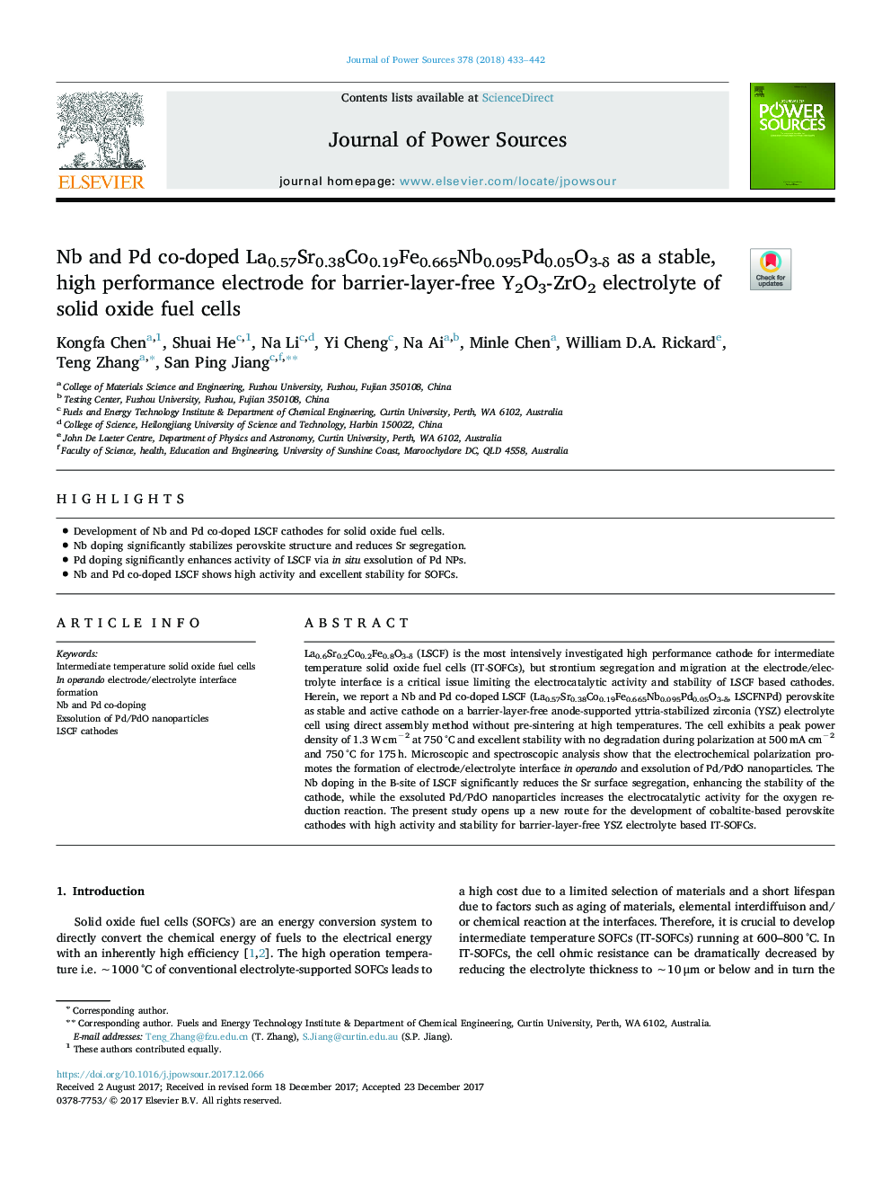 عکس صفحه اول مقاله: Nb and Pd co-doped La0.57Sr0.38Co0.19Fe0.665Nb0.095Pd0.05O3-δ as a stable, high performance electrode for barrier-layer-free Y2O3-ZrO2 electrolyte of solid oxide fuel cells Nb and Pd co-doped La0.57Sr0.38Co0.19Fe0.665Nb0.095Pd0.05O3-δ as a stable, high performance electrode for barrier-layer-free Y2O3-ZrO2 electrolyte of solid oxide fuel cells