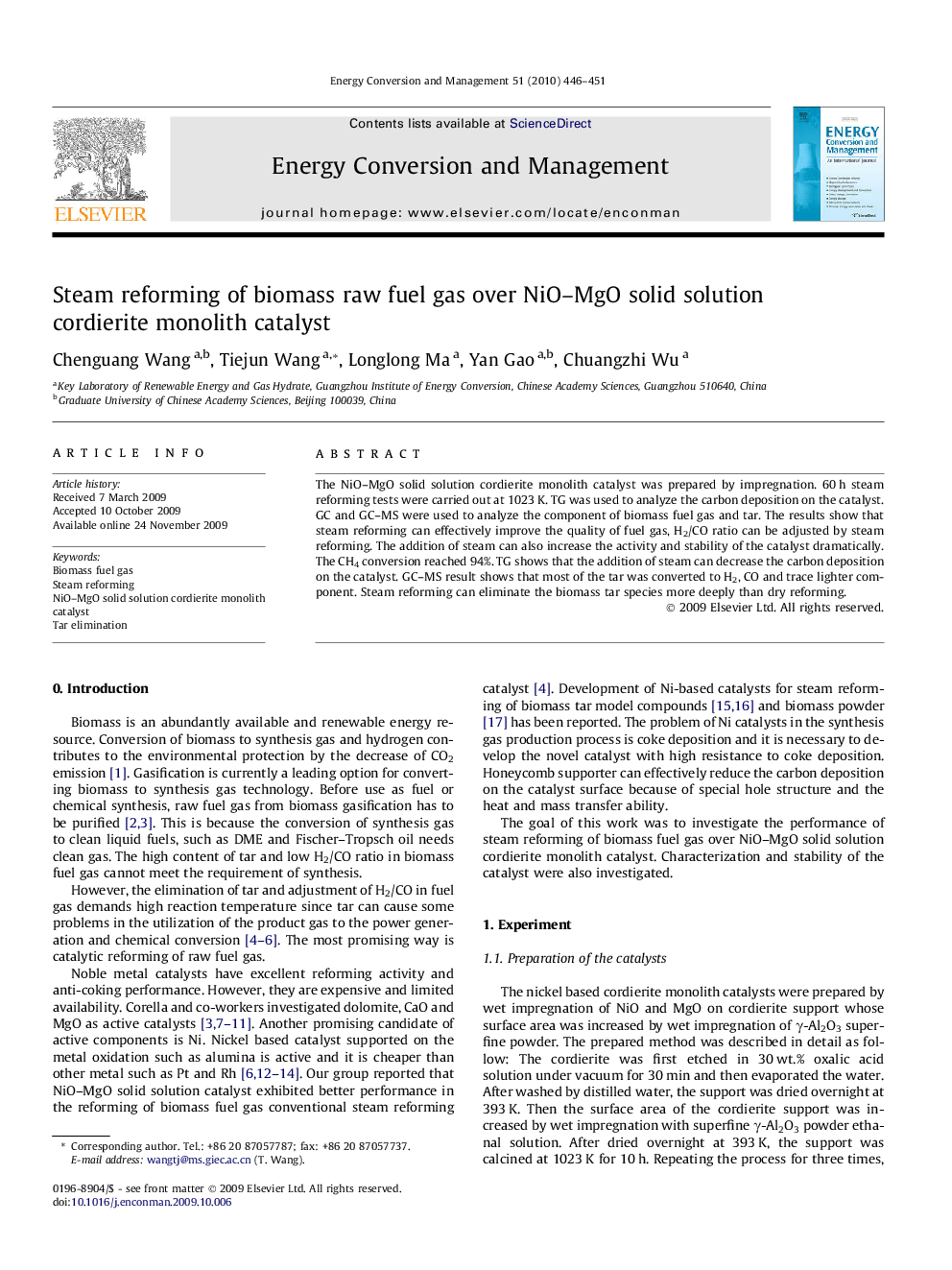 Steam reforming of biomass raw fuel gas over NiO–MgO solid solution cordierite monolith catalyst