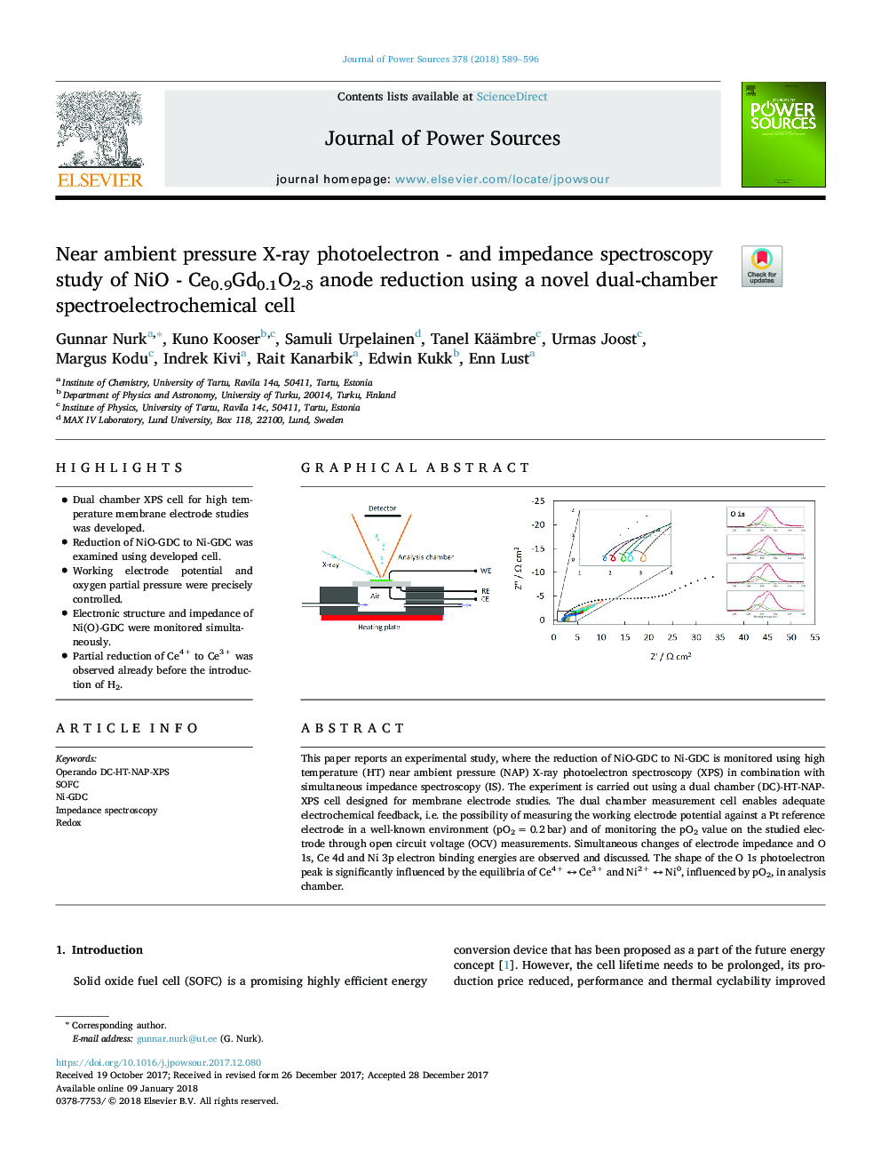 Near ambient pressure X-ray photoelectron - and impedance spectroscopy study of NiO - Ce0.9Gd0.1O2-Î´ anode reduction using a novel dual-chamber spectroelectrochemical cell