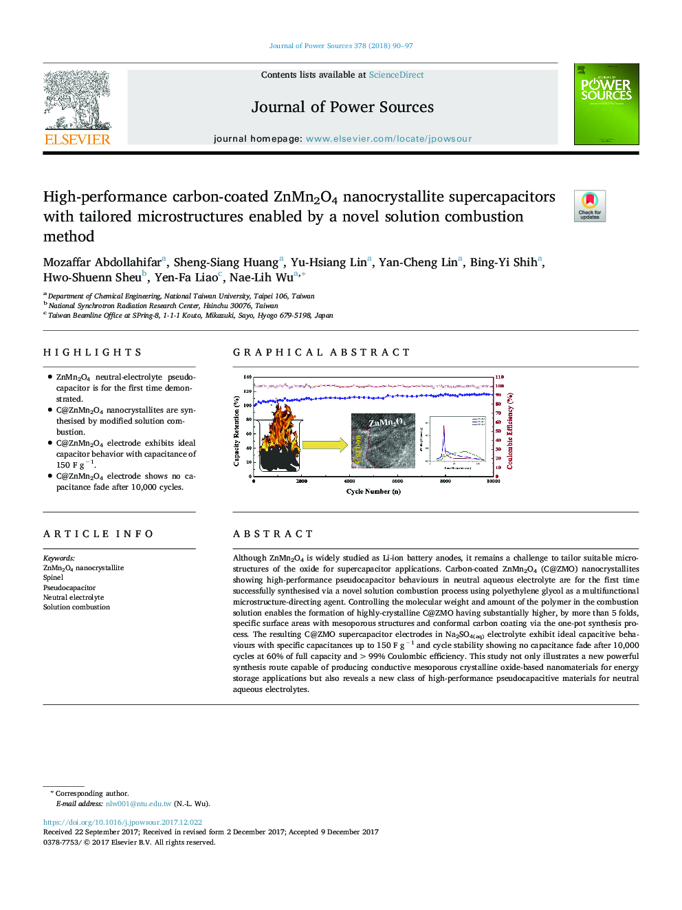 High-performance carbon-coated ZnMn2O4 nanocrystallite supercapacitors with tailored microstructures enabled by a novel solution combustion method