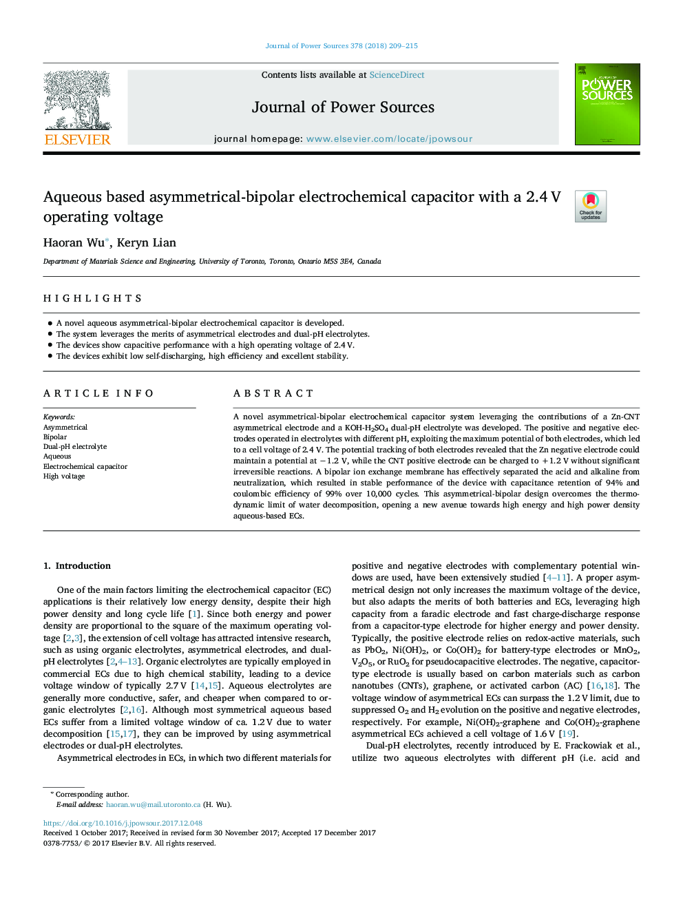 Aqueous based asymmetrical-bipolar electrochemical capacitor with a 2.4â¯V operating voltage