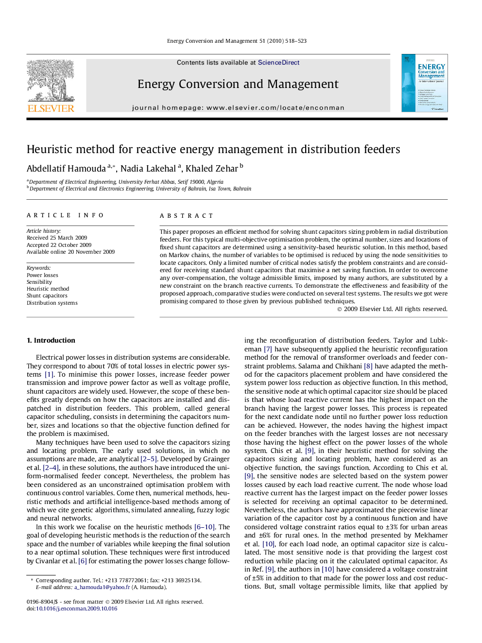 Heuristic method for reactive energy management in distribution feeders