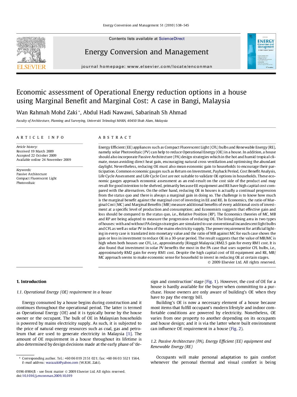 Economic assessment of Operational Energy reduction options in a house using Marginal Benefit and Marginal Cost: A case in Bangi, Malaysia