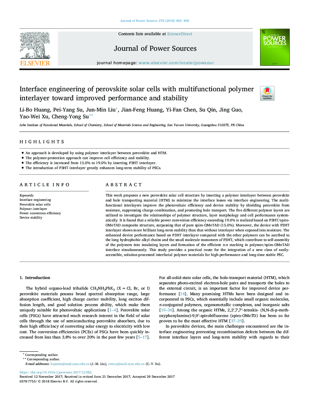 Interface engineering of perovskite solar cells with multifunctional polymer interlayer toward improved performance and stability