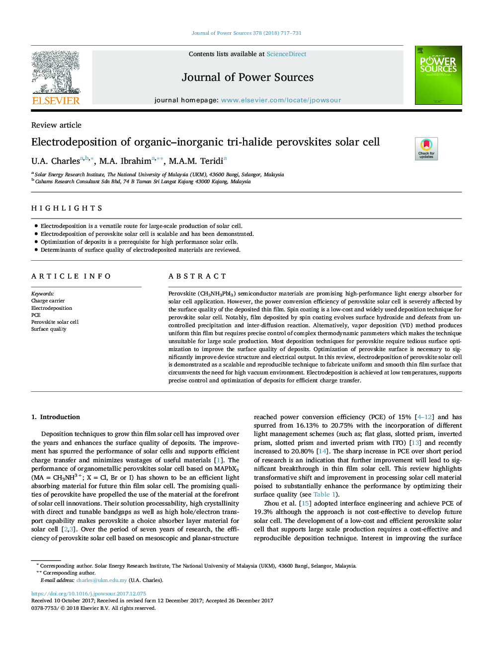 Electrodeposition of organic-inorganic tri-halide perovskites solar cell