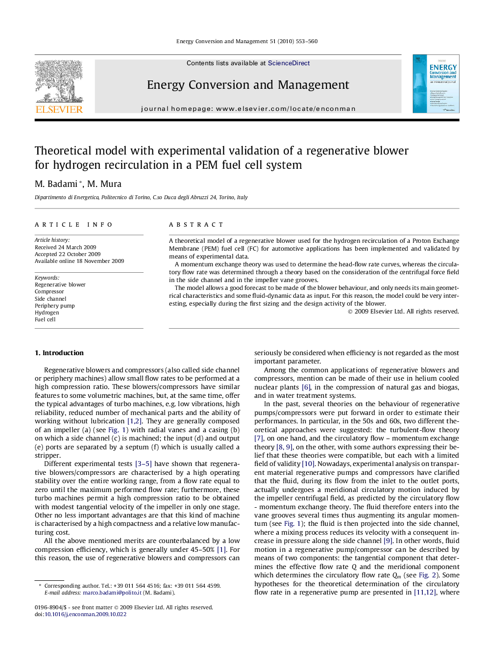 Theoretical model with experimental validation of a regenerative blower for hydrogen recirculation in a PEM fuel cell system