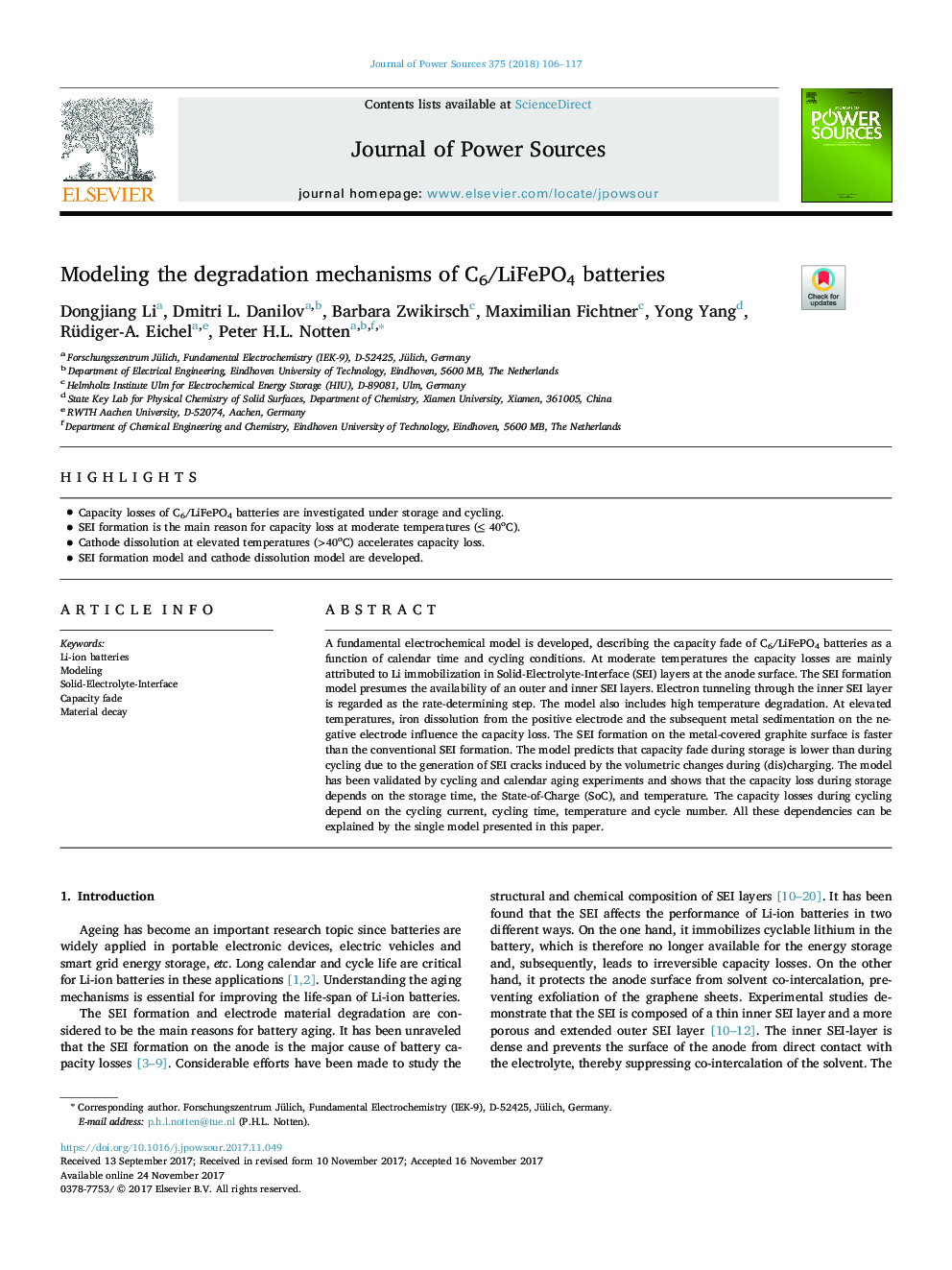 Modeling the degradation mechanisms of C6/LiFePO4 batteries