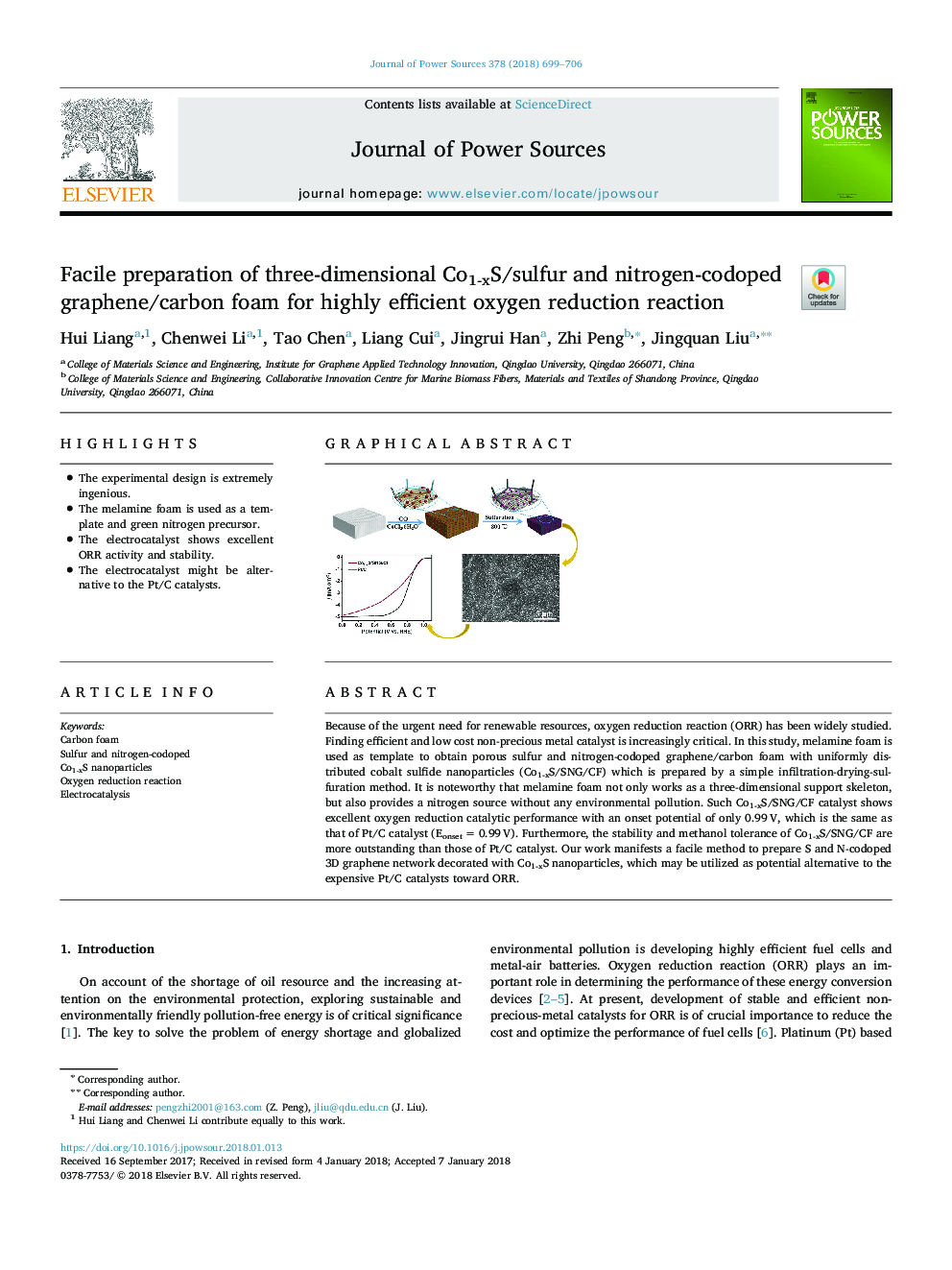 Facile preparation of three-dimensional Co1-xS/sulfur and nitrogen-codoped graphene/carbon foam for highly efficient oxygen reduction reaction