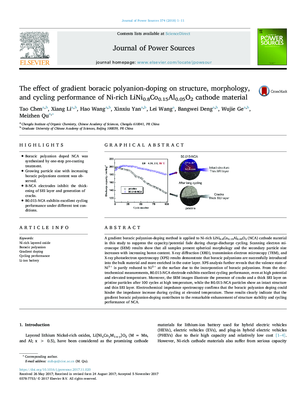 The effect of gradient boracic polyanion-doping on structure, morphology, and cycling performance of Ni-rich LiNi0.8Co0.15Al0.05O2 cathode material