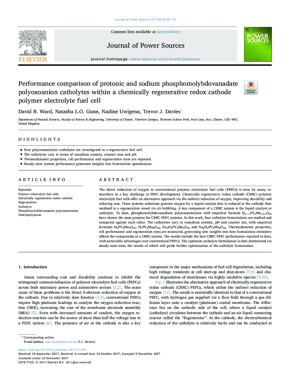 Performance comparison of protonic and sodium phosphomolybdovanadate polyoxoanion catholytes within a chemically regenerative redox cathode polymer electrolyte fuel cell