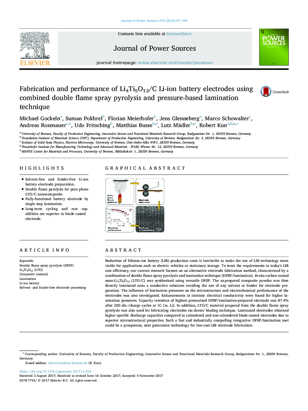 Fabrication and performance of Li4Ti5O12/C Li-ion battery electrodes using combined double flame spray pyrolysis and pressure-based lamination technique