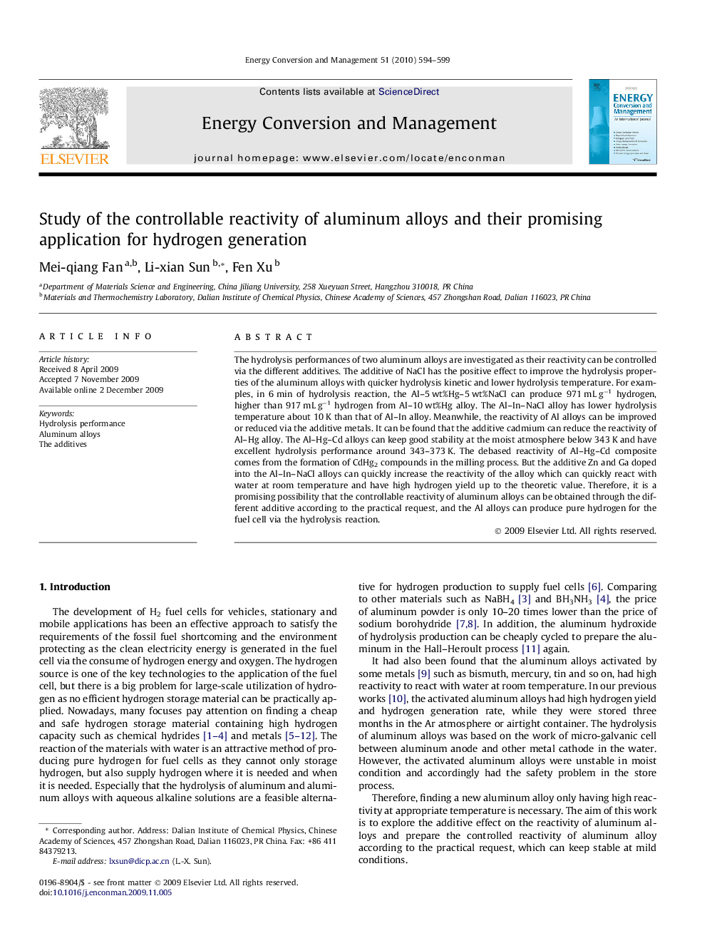 Study of the controllable reactivity of aluminum alloys and their promising application for hydrogen generation