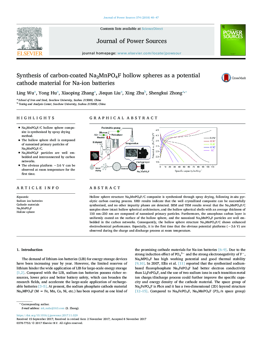 Synthesis of carbon-coated Na2MnPO4F hollow spheres as a potential cathode material for Na-ion batteries