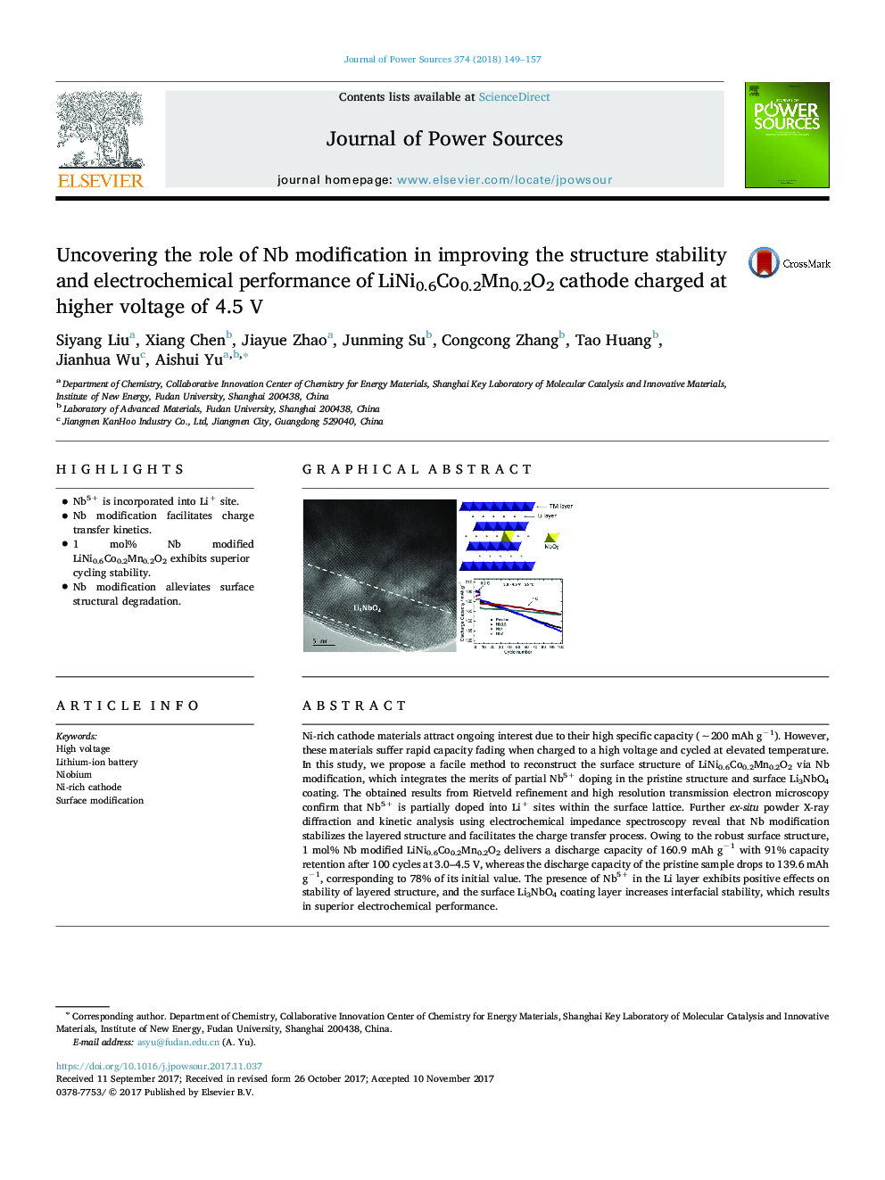 Uncovering the role of Nb modification in improving the structure stability and electrochemical performance of LiNi0.6Co0.2Mn0.2O2 cathode charged at higher voltage of 4.5Â V