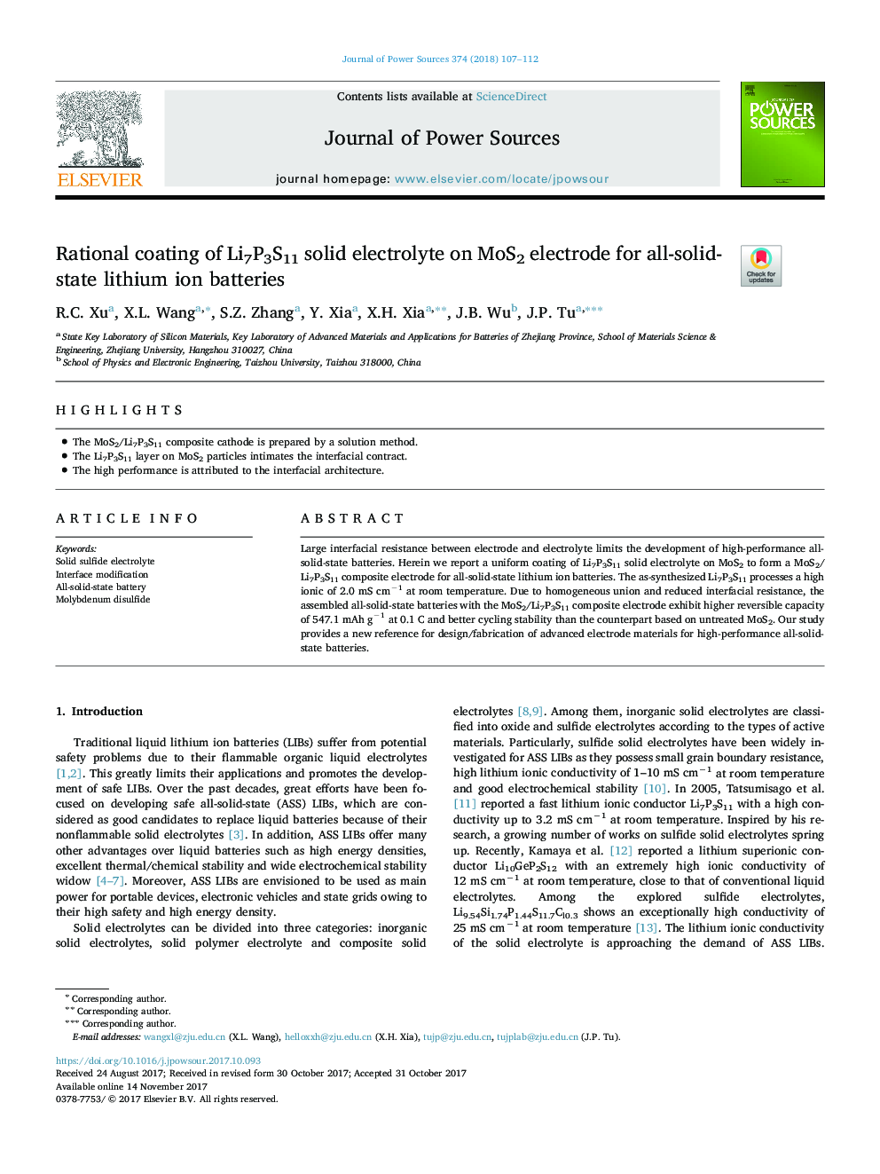 Rational coating of Li7P3S11 solid electrolyte on MoS2 electrode for all-solid-state lithium ion batteries