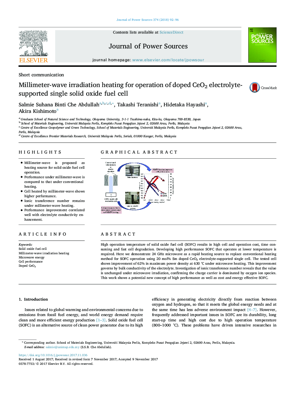 Millimeter-wave irradiation heating for operation of doped CeO2 electrolyte-supported single solid oxide fuel cell