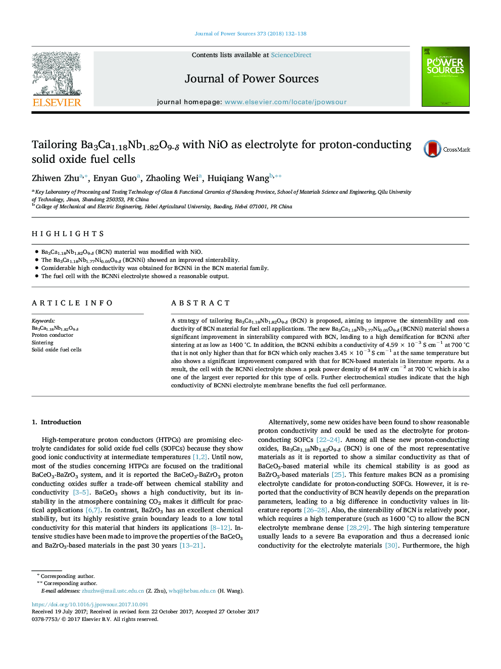 Tailoring Ba3Ca1.18Nb1.82O9-Î´ with NiO as electrolyte for proton-conducting solid oxide fuel cells