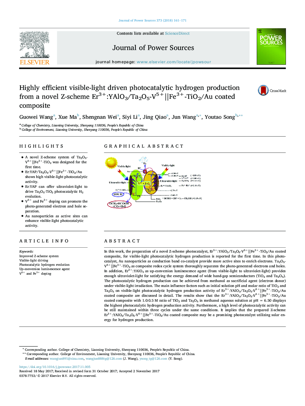 عکس صفحه اول مقاله: Highly efficient visible-light driven photocatalytic hydrogen production from a novel Z-scheme Er3+:YAlO3/Ta2O5-V5+||Fe3+-TiO2/Au coated composite Highly efficient visible-light driven photocatalytic hydrogen production from a novel Z-scheme Er3+:YAlO3/Ta2O5-V5+||Fe3+-TiO2/Au coated composite