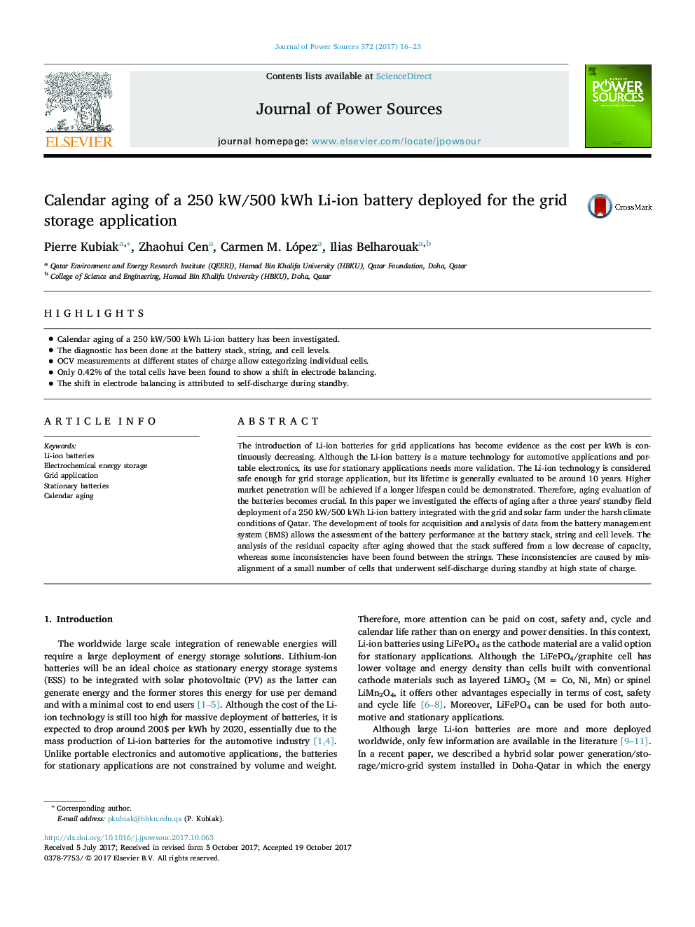 Calendar aging of a 250Â kW/500Â kWh Li-ion battery deployed for the grid storage application