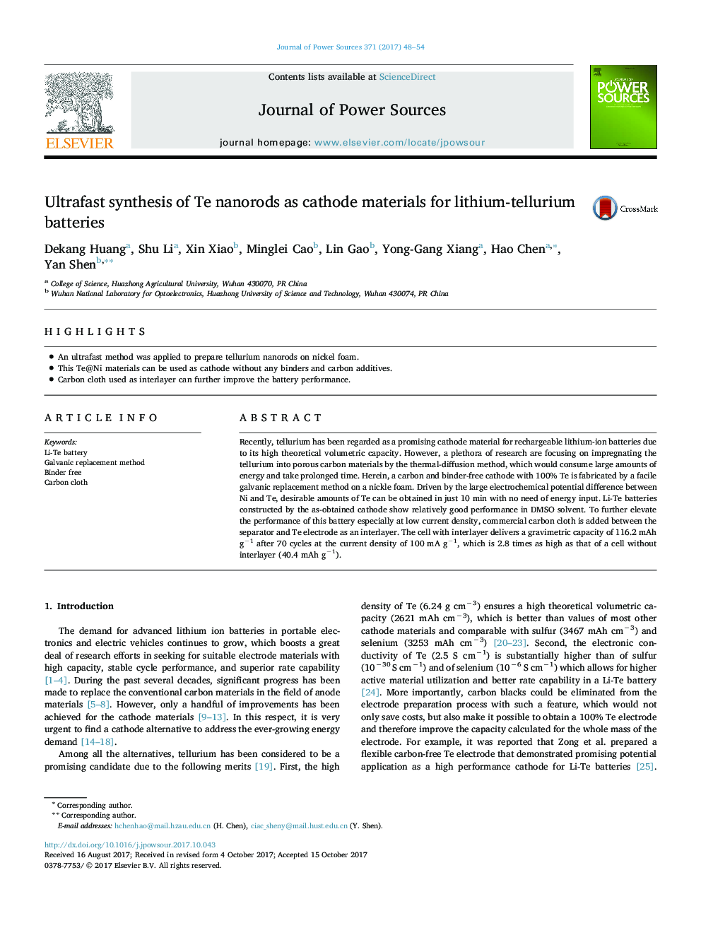 Ultrafast synthesis of Te nanorods as cathode materials for lithium-tellurium batteries