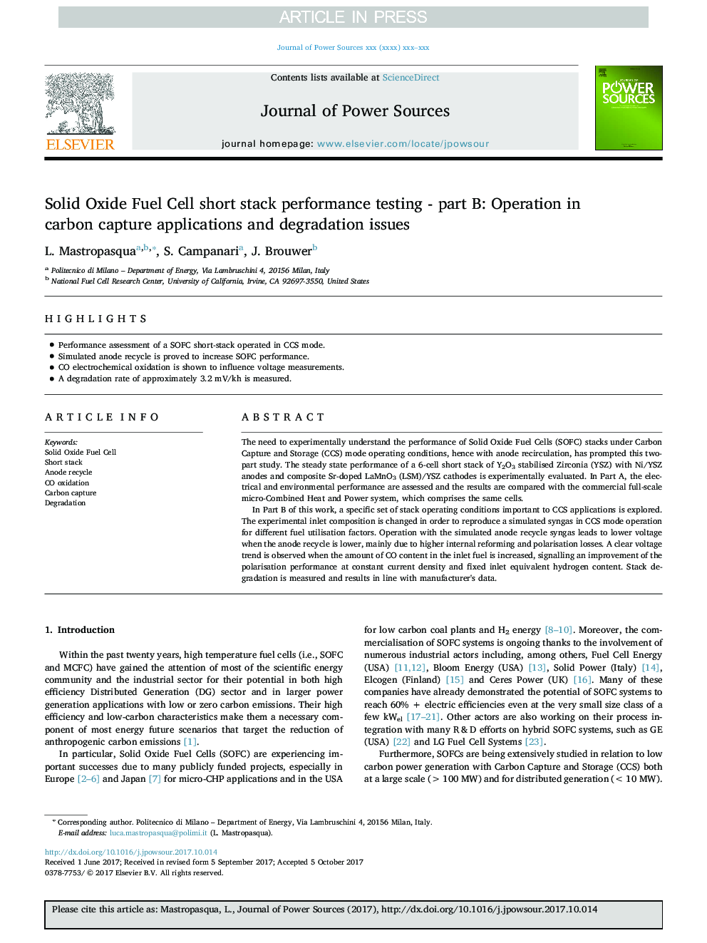 Solid Oxide Fuel Cell short stack performance testing - part B: Operation in carbon capture applications and degradation issues