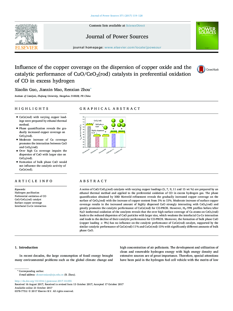 Influence of the copper coverage on the dispersion of copper oxide and the catalytic performance of CuO/CeO2(rod) catalysts in preferential oxidation of CO in excess hydrogen