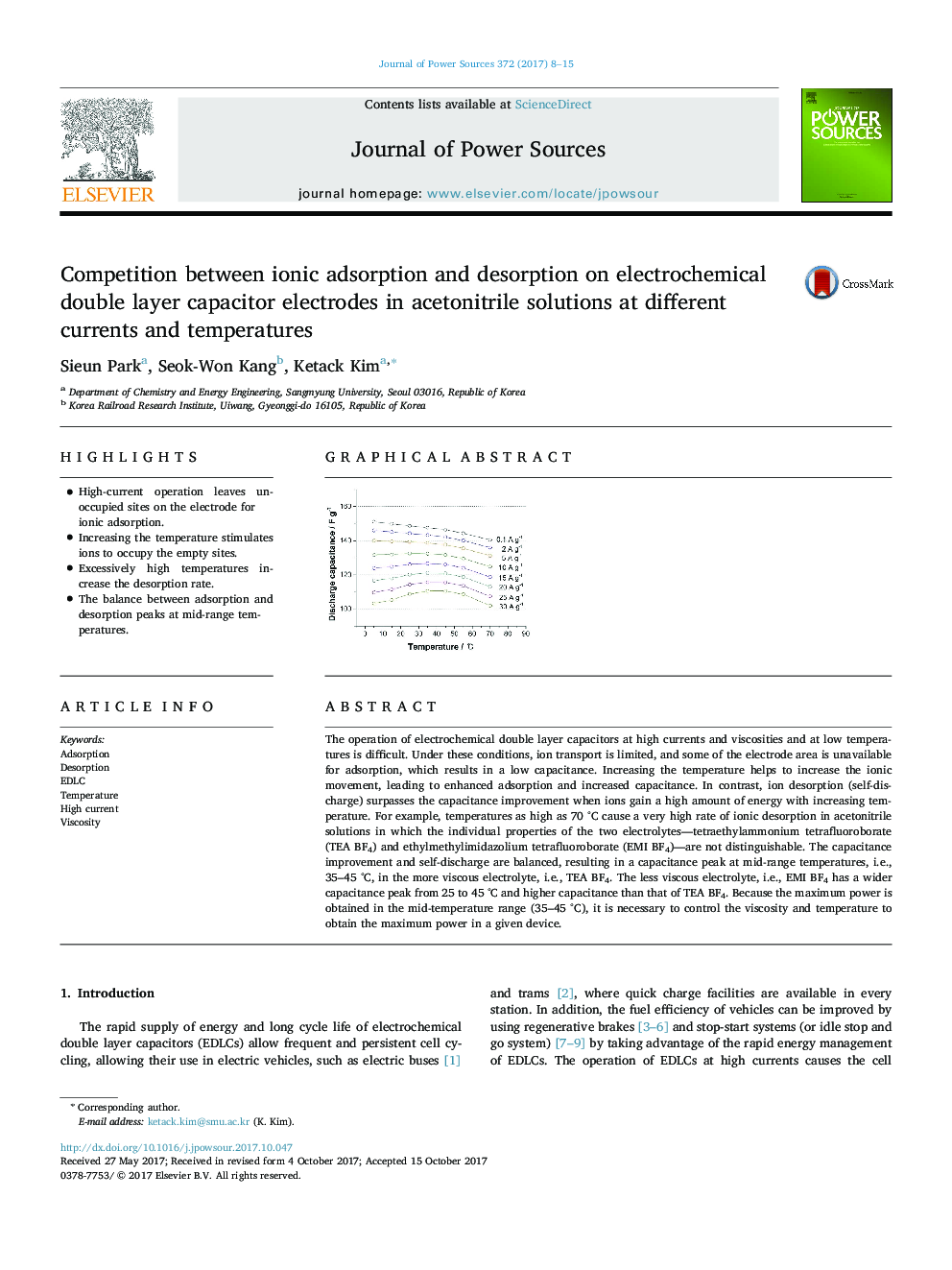 Competition between ionic adsorption and desorption on electrochemical double layer capacitor electrodes in acetonitrile solutions at different currents and temperatures