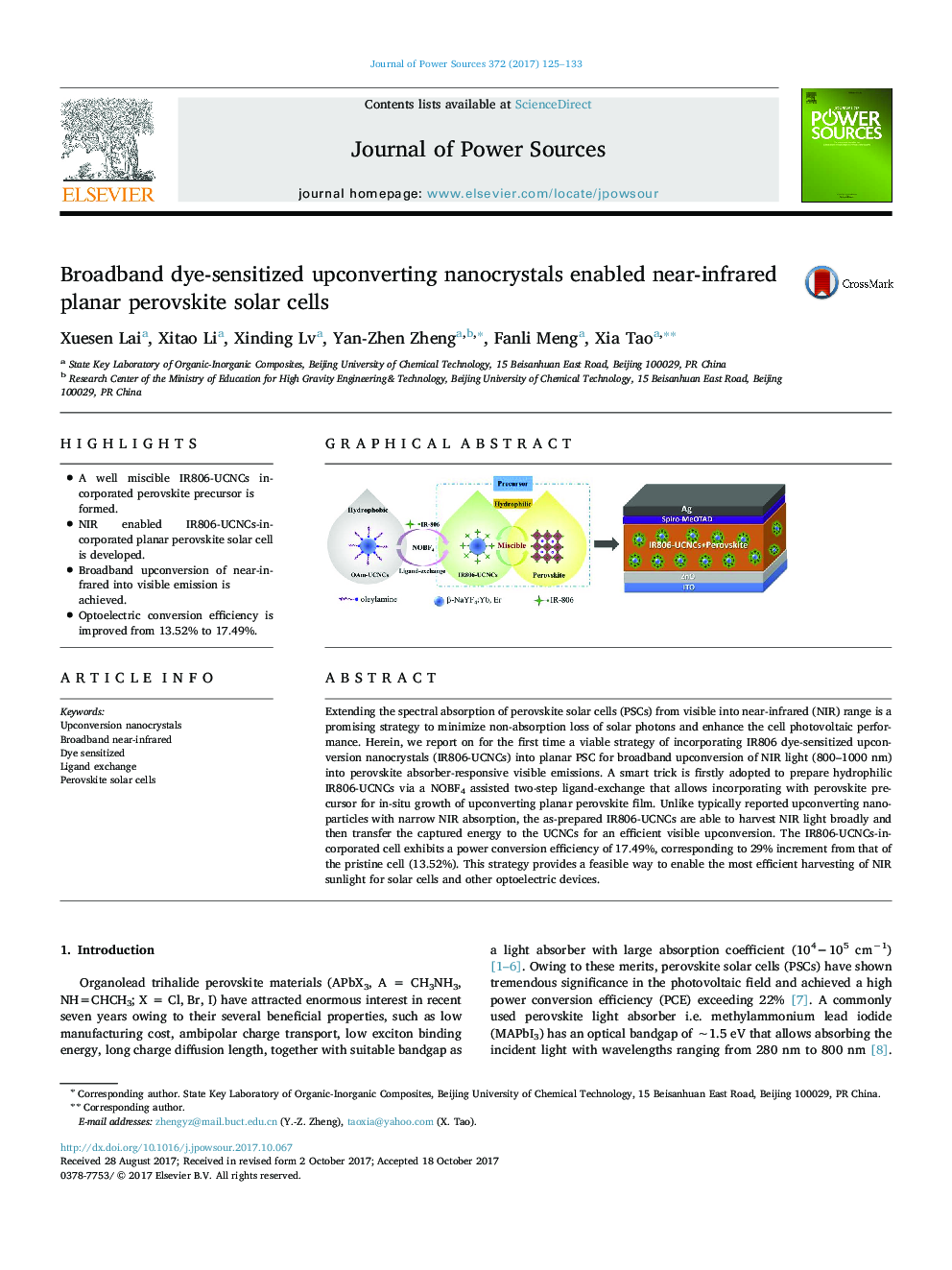 Broadband dye-sensitized upconverting nanocrystals enabled near-infrared planar perovskite solar cells