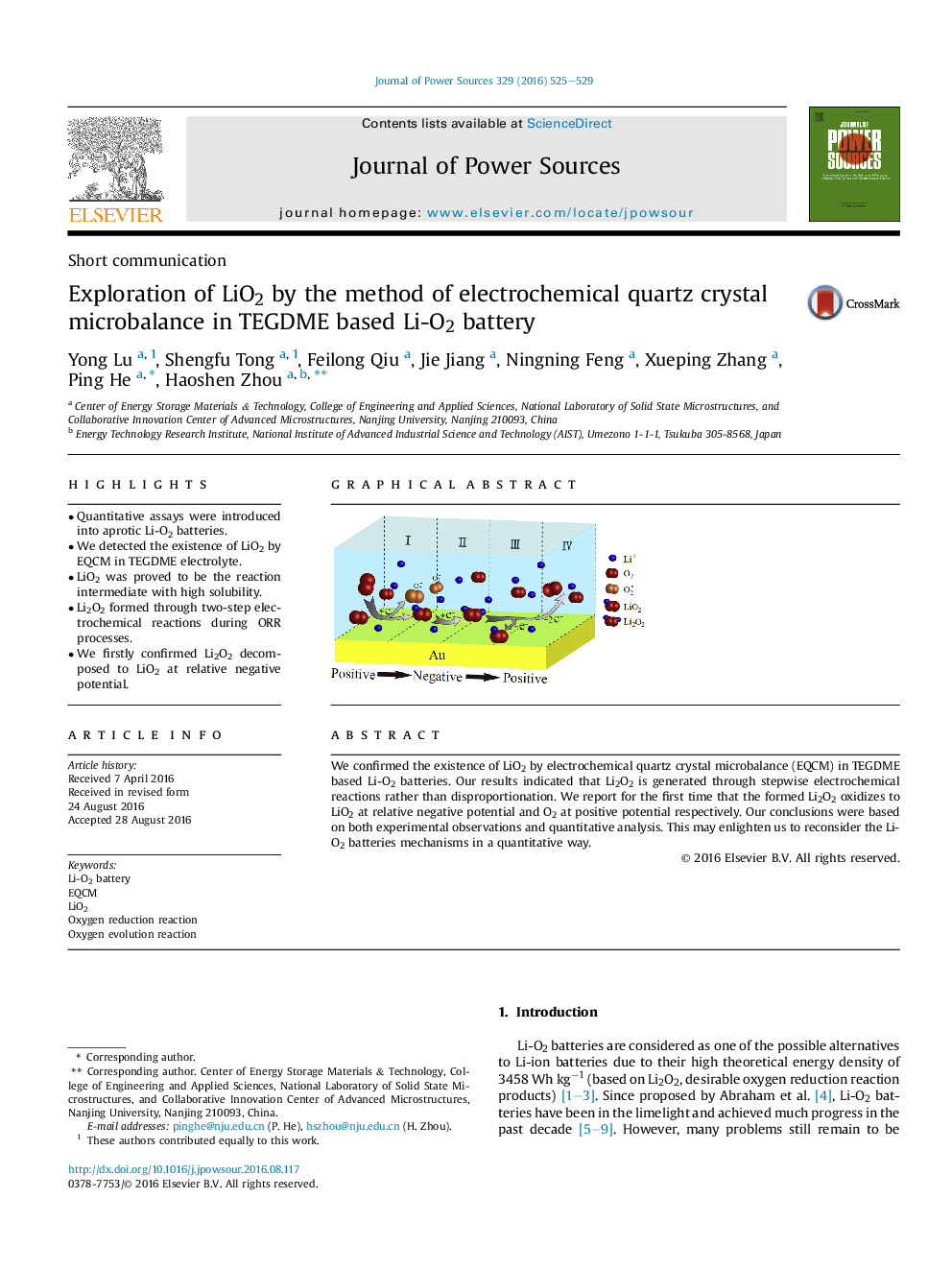 عکس صفحه اول مقاله: Exploration of LiO2 by the method of electrochemical quartz crystal microbalance in TEGDME based Li-O2 battery Exploration of LiO2 by the method of electrochemical quartz crystal microbalance in TEGDME based Li-O2 battery