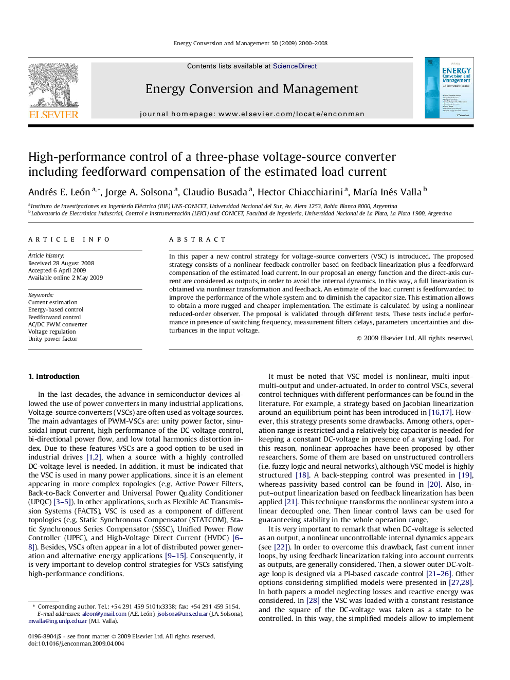 High-performance control of a three-phase voltage-source converter including feedforward compensation of the estimated load current