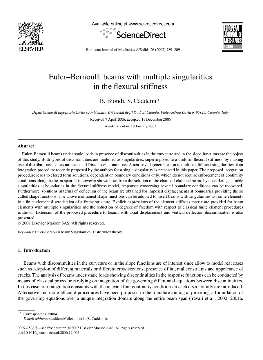 Euler–Bernoulli beams with multiple singularities in the flexural stiffness