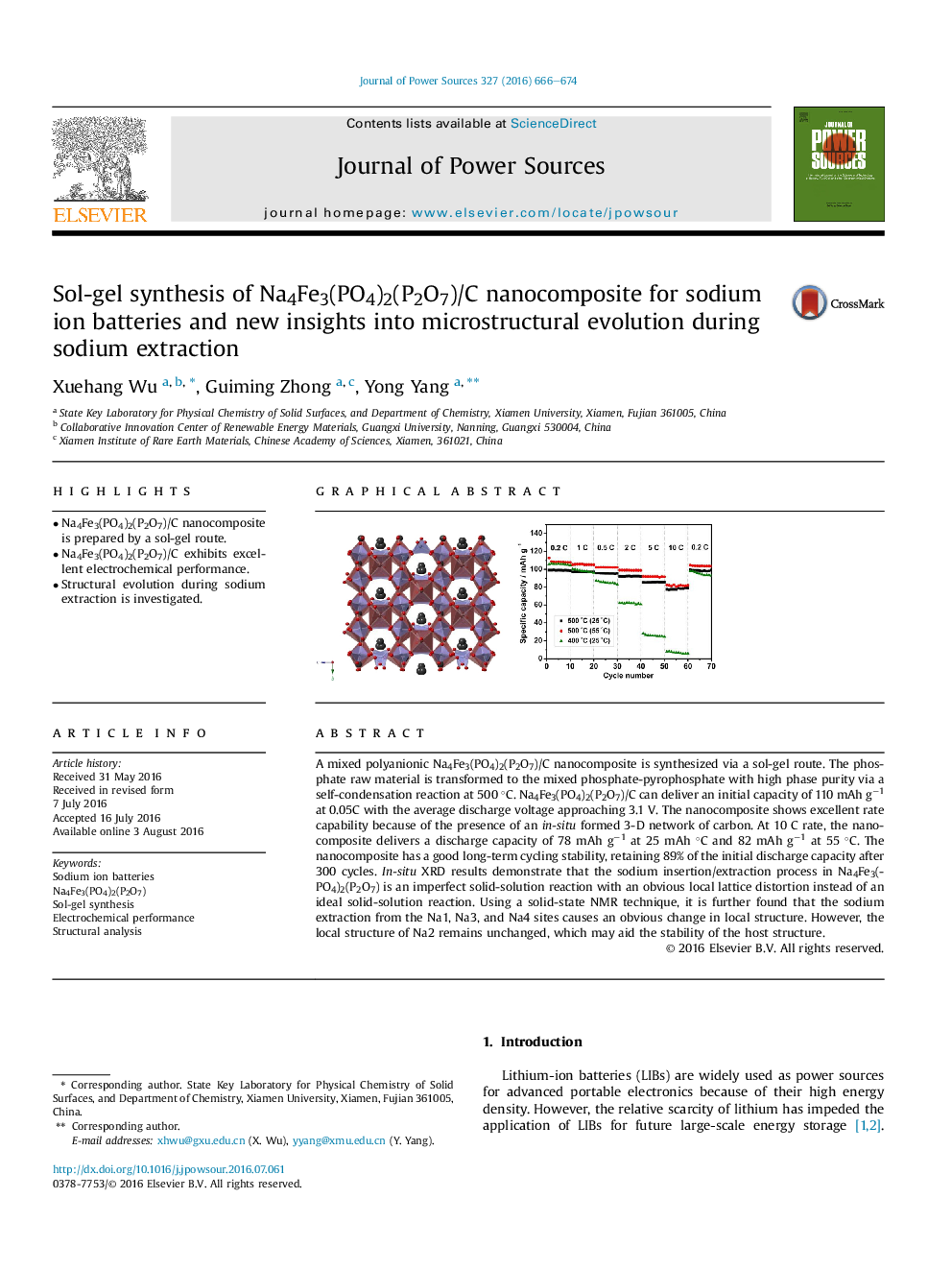 عکس صفحه اول مقاله: Sol-gel synthesis of Na4Fe3(PO4)2(P2O7)/C nanocomposite for sodium ion batteries and new insights into microstructural evolution during sodium extraction Sol-gel synthesis of Na4Fe3(PO4)2(P2O7)/C nanocomposite for sodium ion batteries and new insights into microstructural evolution during sodium extraction