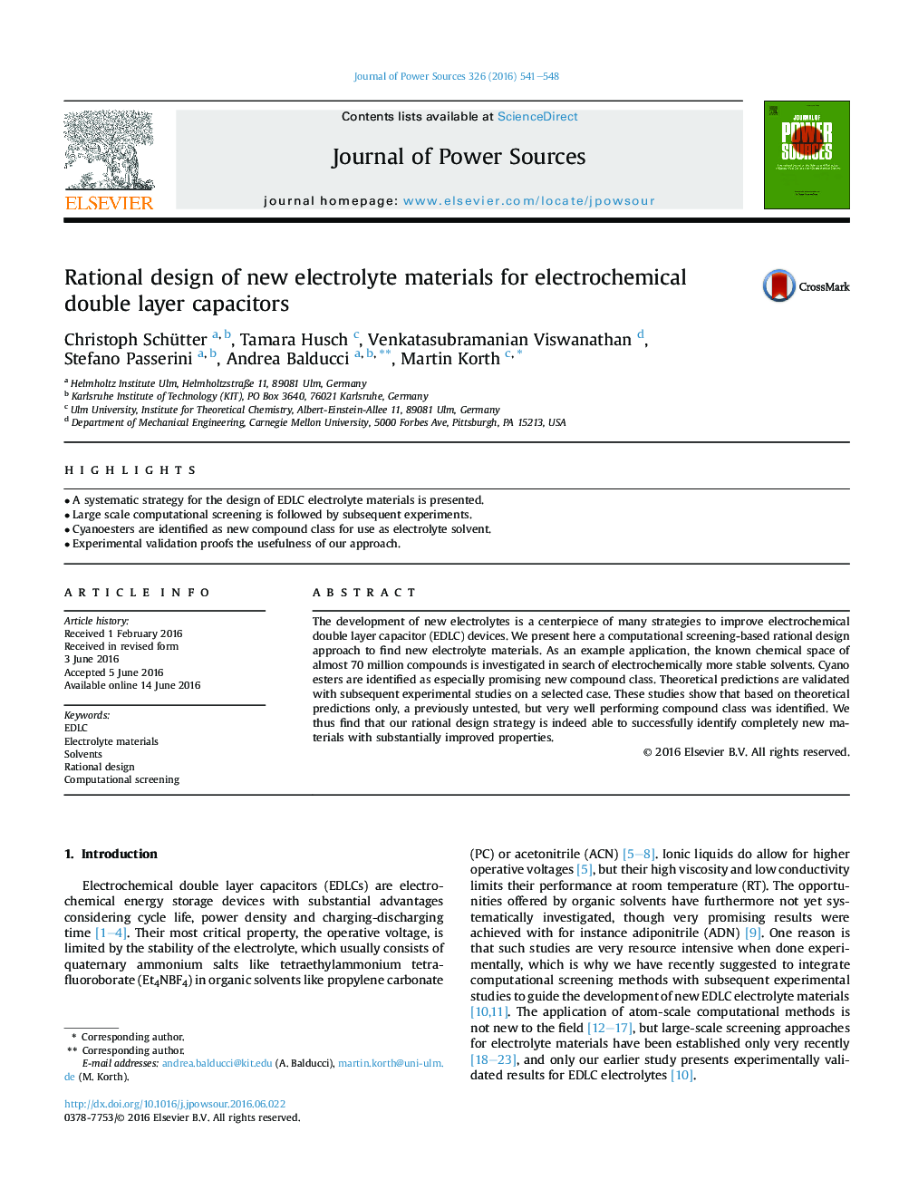 Rational design of new electrolyte materials for electrochemical double layer capacitors