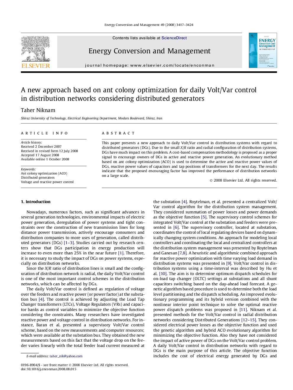 A new approach based on ant colony optimization for daily Volt/Var control in distribution networks considering distributed generators