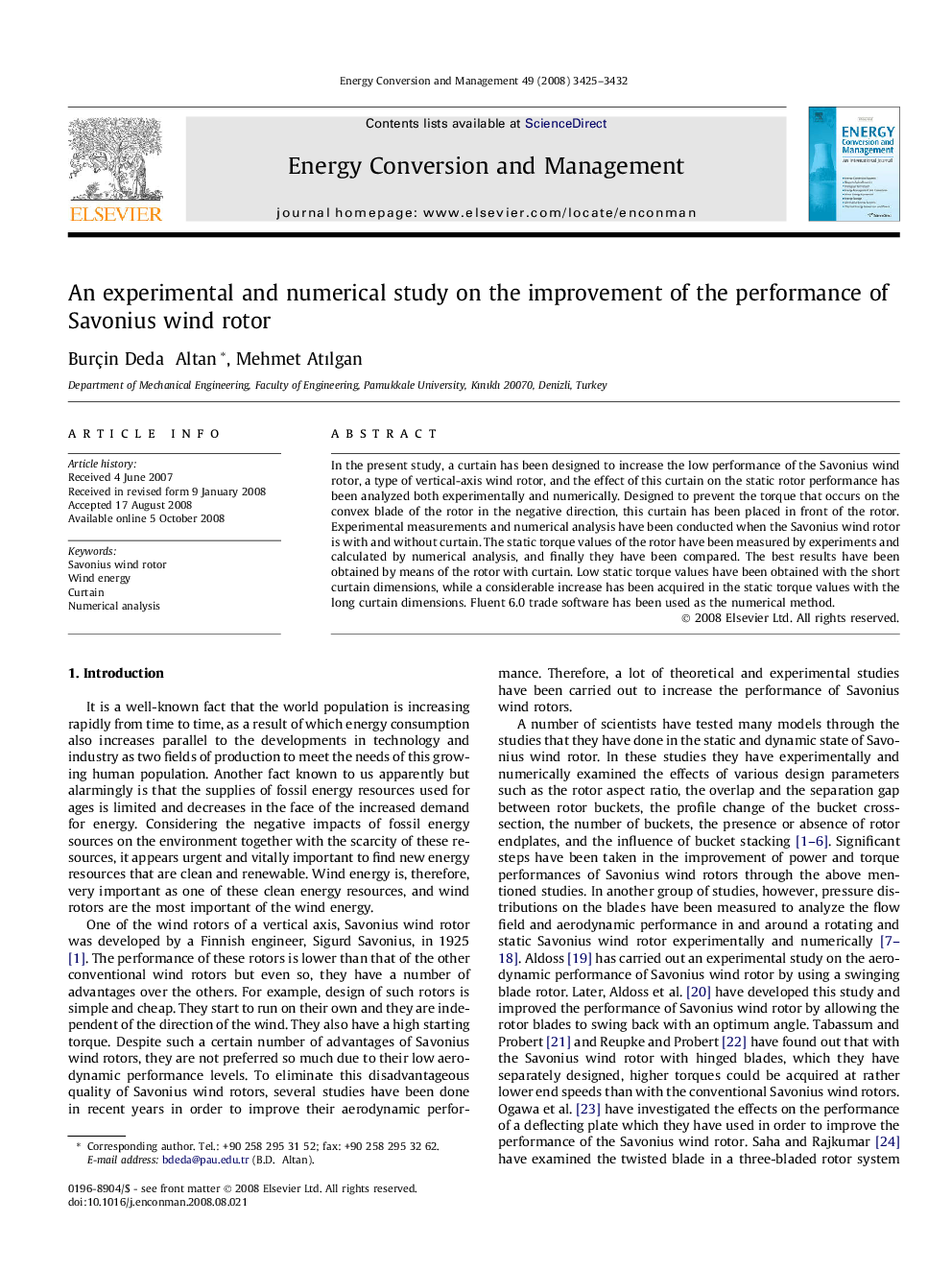 An experimental and numerical study on the improvement of the performance of Savonius wind rotor