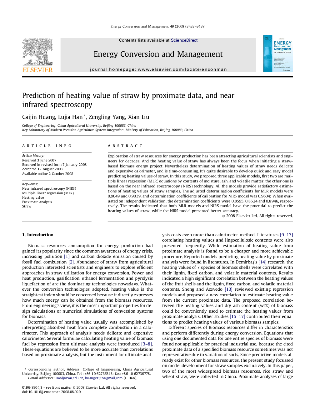 Prediction of heating value of straw by proximate data, and near infrared spectroscopy