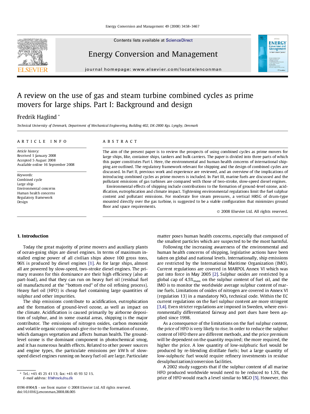 A review on the use of gas and steam turbine combined cycles as prime movers for large ships. Part I: Background and design