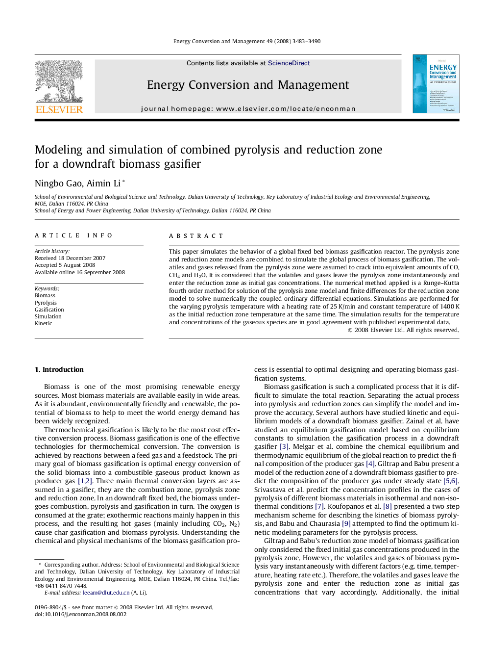 Modeling and simulation of combined pyrolysis and reduction zone for a downdraft biomass gasifier