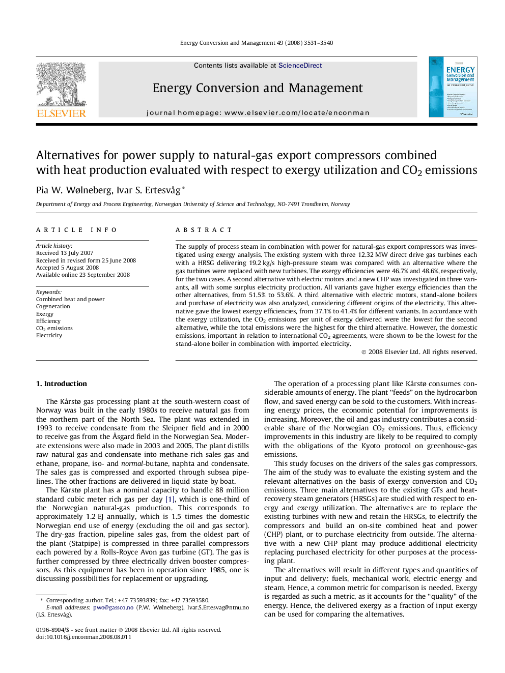 Alternatives for power supply to natural-gas export compressors combined with heat production evaluated with respect to exergy utilization and CO2 emissions