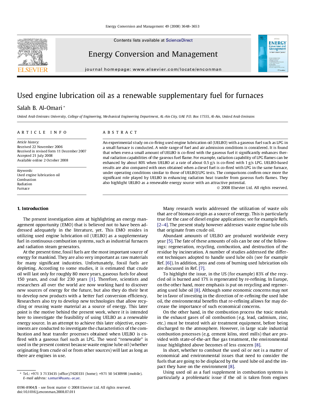 Used engine lubrication oil as a renewable supplementary fuel for furnaces