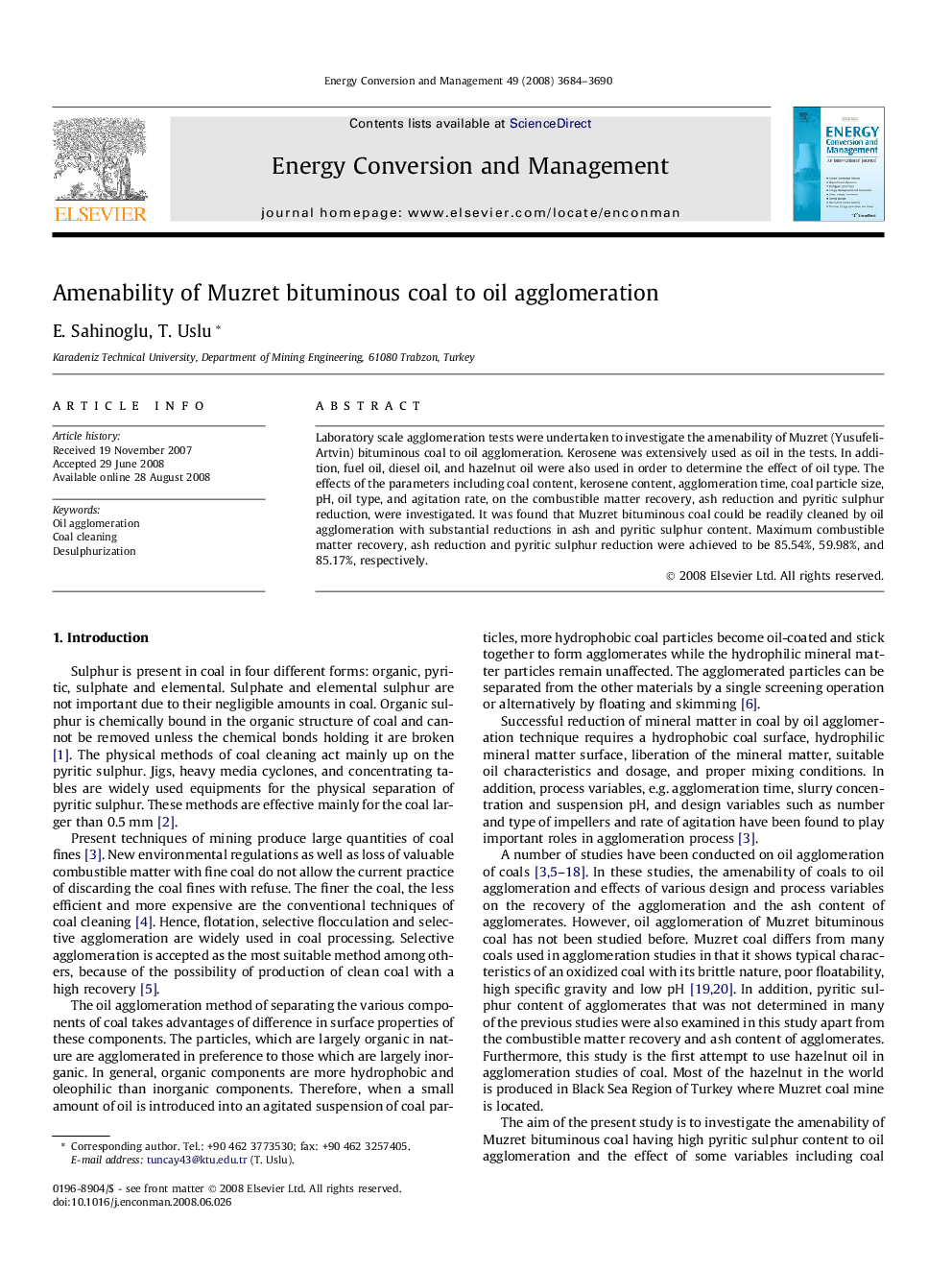 Amenability of Muzret bituminous coal to oil agglomeration