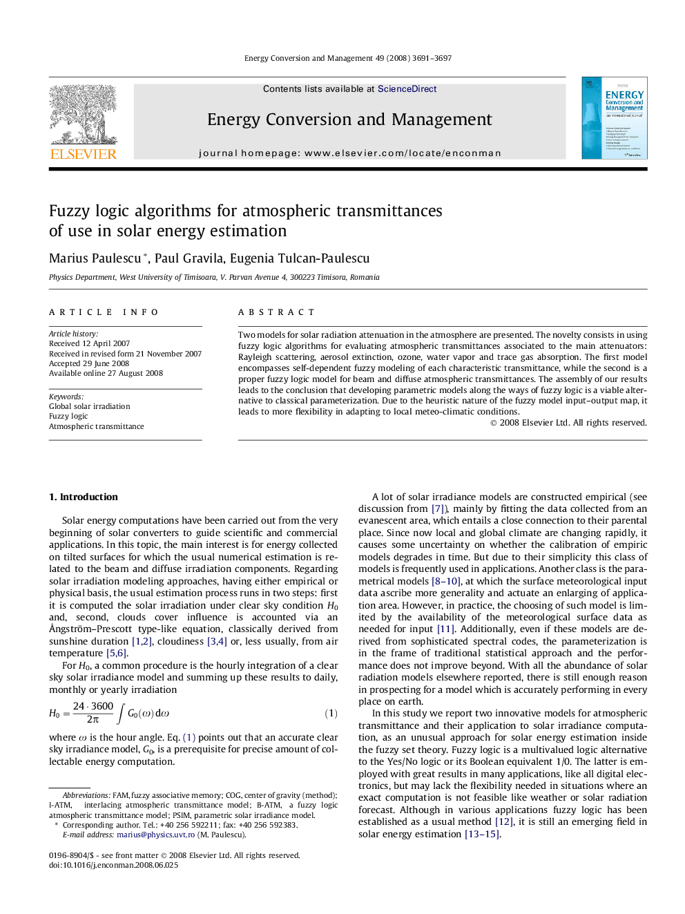 Fuzzy logic algorithms for atmospheric transmittances of use in solar energy estimation