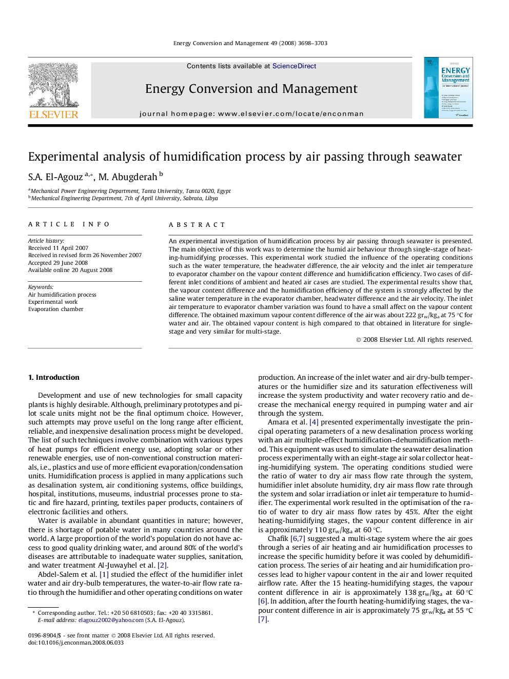 Experimental analysis of humidification process by air passing through seawater