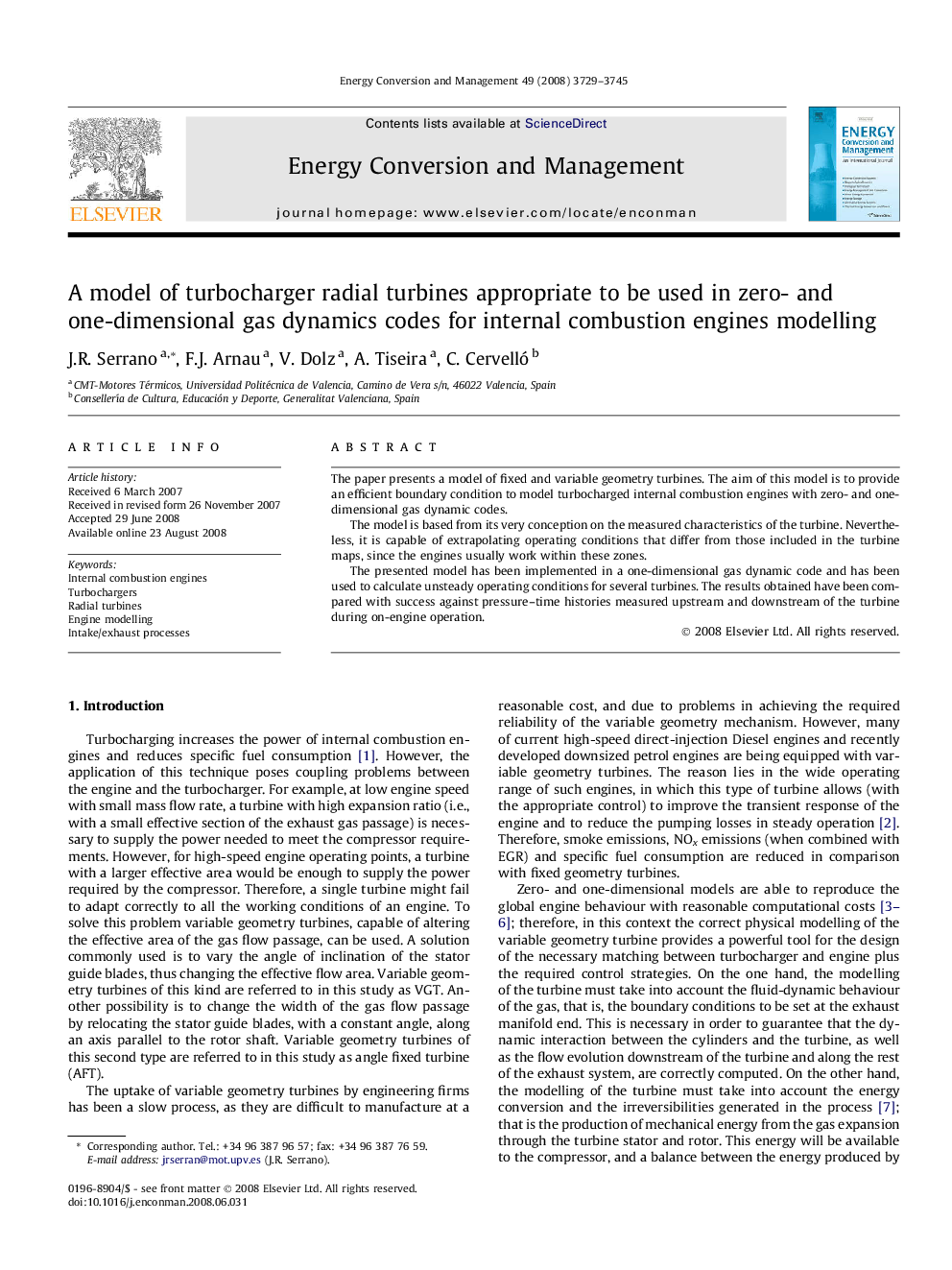 A model of turbocharger radial turbines appropriate to be used in zero- and one-dimensional gas dynamics codes for internal combustion engines modelling