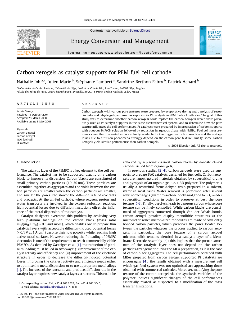 Carbon xerogels as catalyst supports for PEM fuel cell cathode