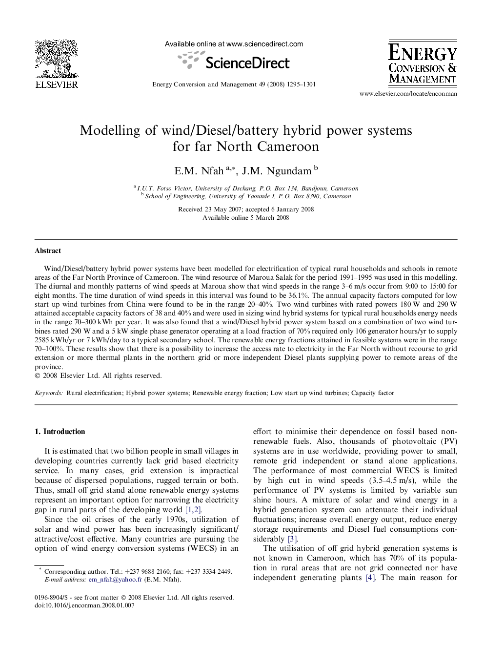 Modelling of wind/Diesel/battery hybrid power systems for far North Cameroon