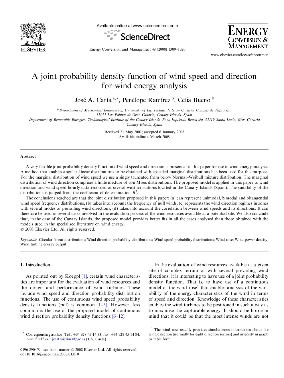 A joint probability density function of wind speed and direction for wind energy analysis