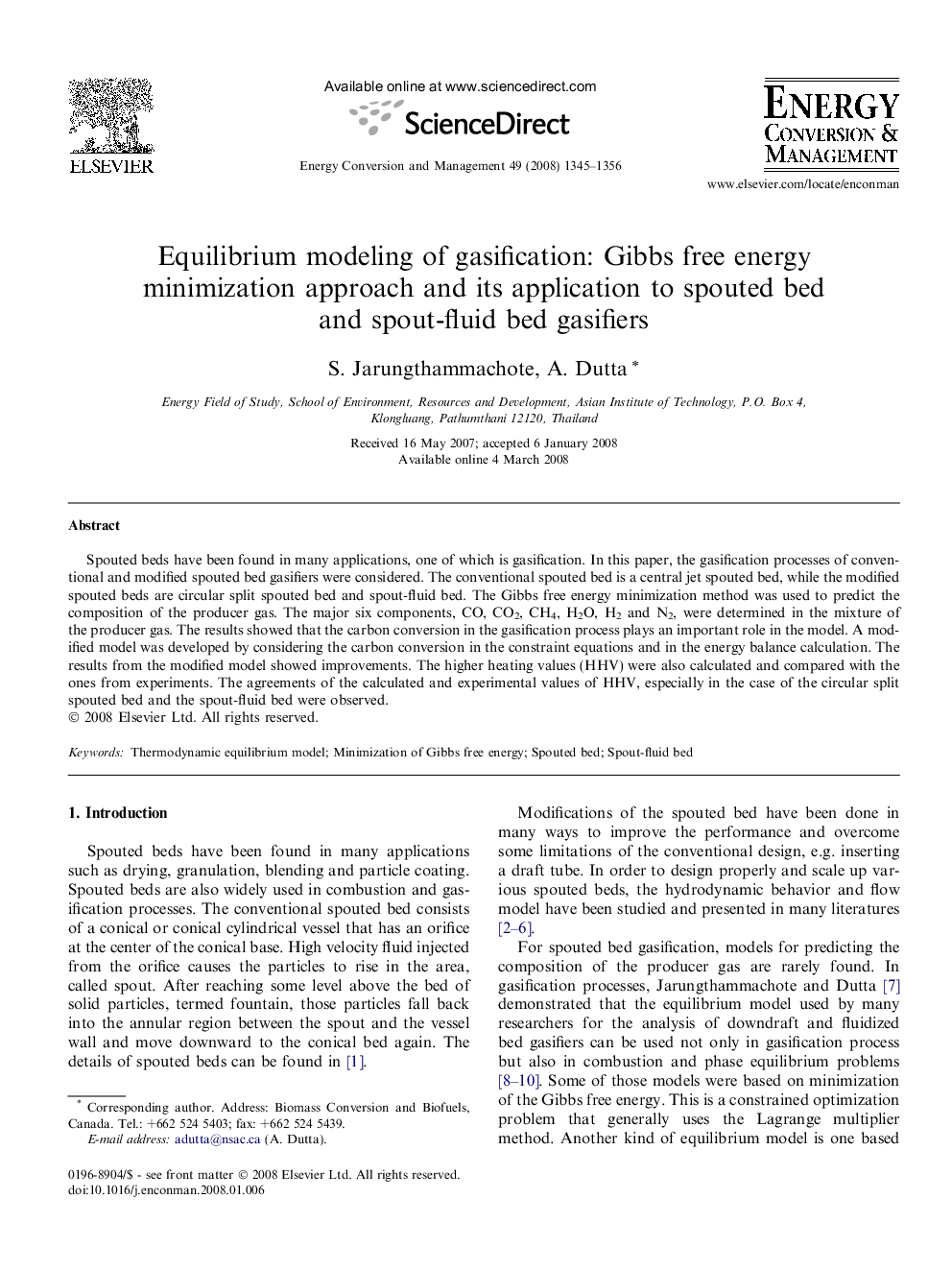 Equilibrium modeling of gasification: Gibbs free energy minimization approach and its application to spouted bed and spout-fluid bed gasifiers