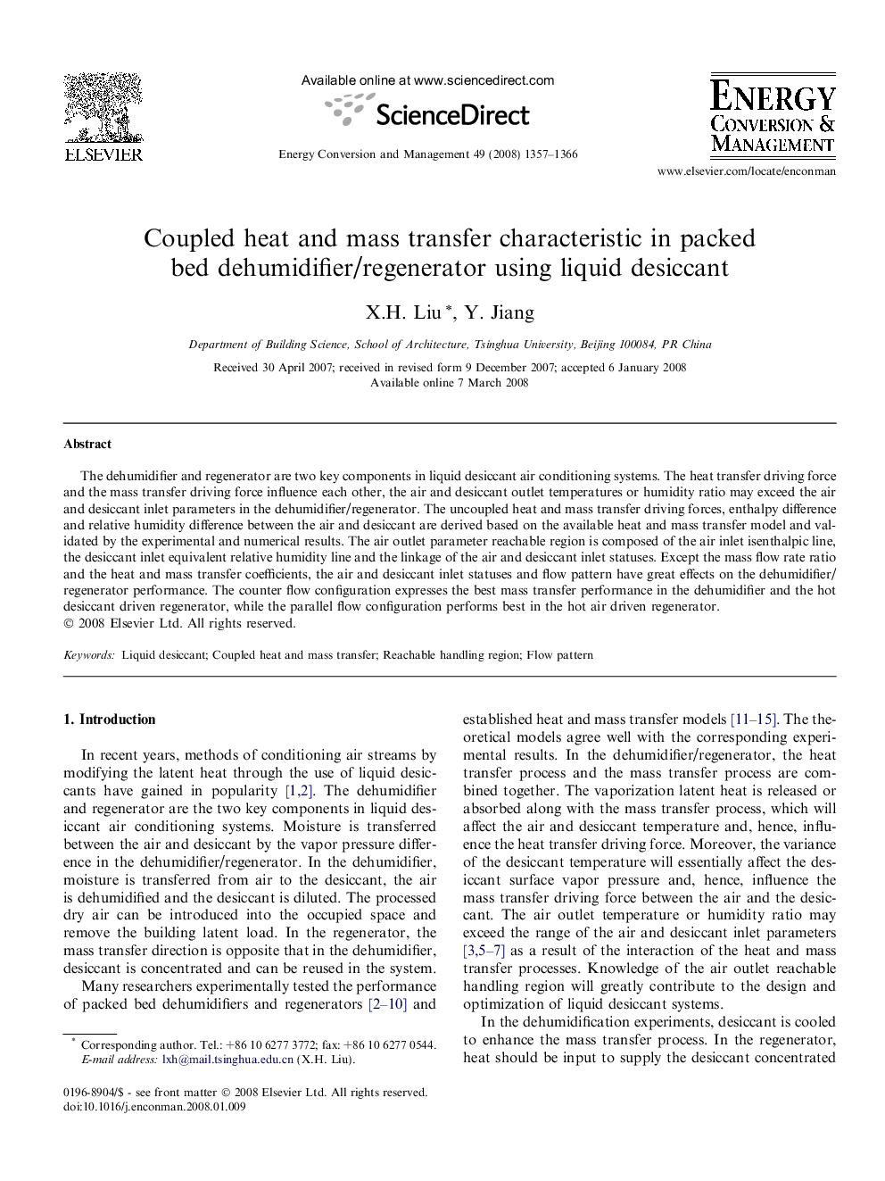 Coupled heat and mass transfer characteristic in packed bed dehumidifier/regenerator using liquid desiccant